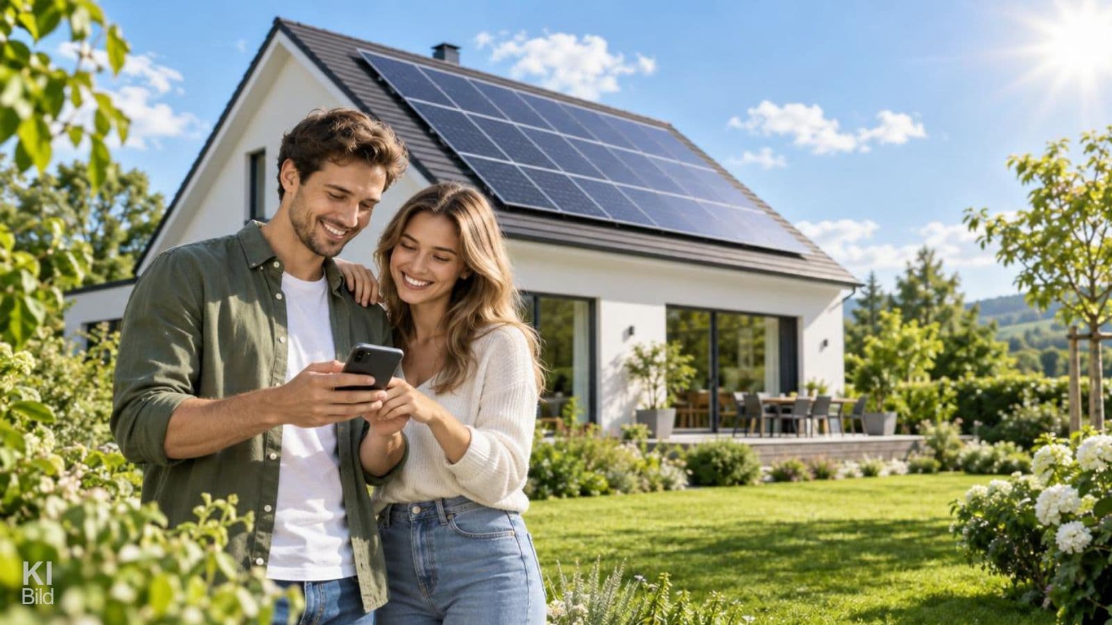 Paar mit Smart Phone steuert eigenes Smart Home